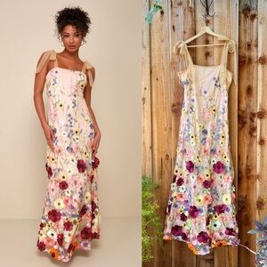 Blush Colorful 3D Floral Embroidered Tie-Strap Maxi Dress 🌿